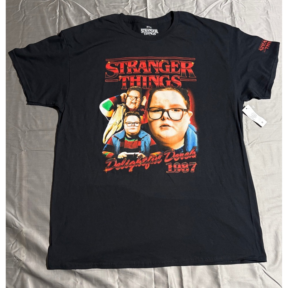 Stranger Things Delightful Derek 1987 Graphic T-Shirt Mens XL Black Netflix Tee